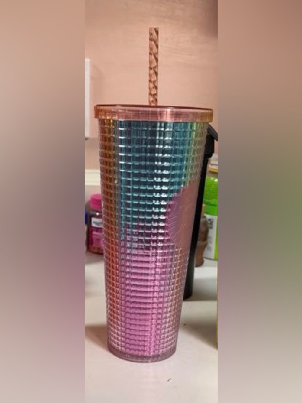 Iridescent Blue to Pink Grid Starbucks Venti Tumbler
